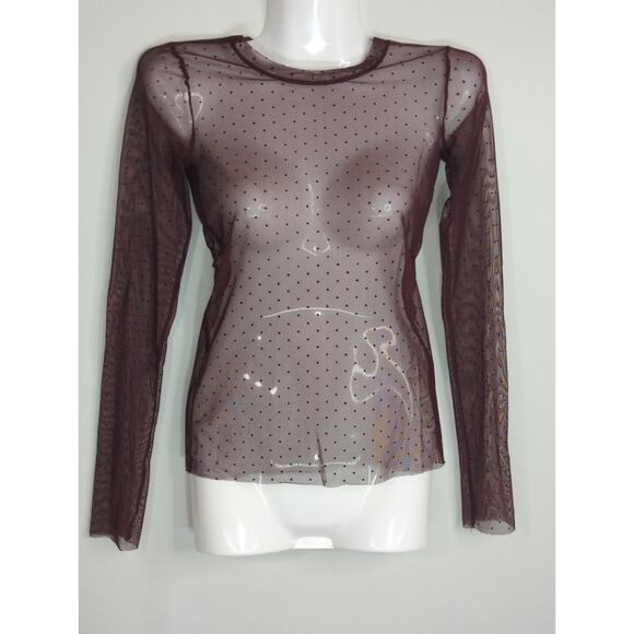 Wilfred Free Maroon Mesh Swiss Dot Long Sleeve Sheer Top Women's XXS PinUp Retro - Picture 1 of 7